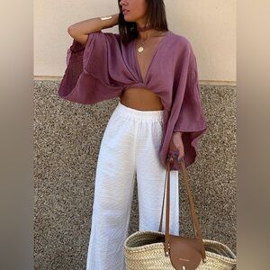 Tie-Front Long Sleeve Cropped Blouse - Fuchsia
